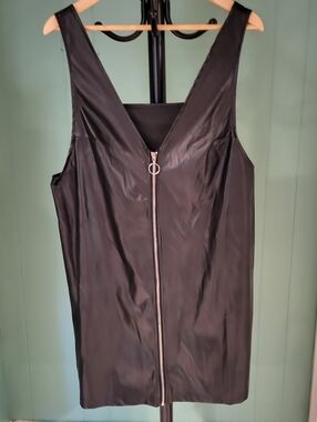 Black Faux Leather Zip Front Sleeveless Dress, Medium (est) See Photos